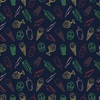 Seamless pattern with ice cream on a dark background. Ice cream in a waffle cone and on a stick, fruit ice. vector