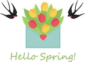 ilustración de un postal sobre con un ramo de flores de tulipanes y golondrinas sobre con flores vector