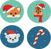 A New Year's set with animal faces in Santa Claus hats vector