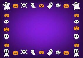 Happy Halloween concept. Cute white ghost characters with pumpkin cartoon border on purple background for cards, banners, and web. Spooky expression. vector