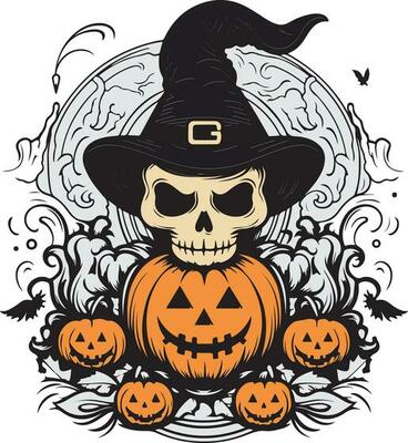 Halloween night skull retro with pumpkin