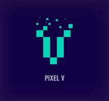 Creative pixel letter V logo. Unique digital pixel art and pixel explosion template. vector