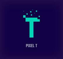 Creative pixel letter T logo. Unique digital pixel art and pixel explosion template. vector