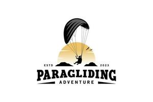 Adventure paragliding logo design with vintage sun background vector