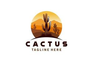 Cactus logo design with desert mountain background vector