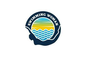 Swimming logo design template with woman swimmer silhouette vector