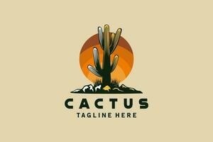 Cactus logo design with creative vintage sun background vector