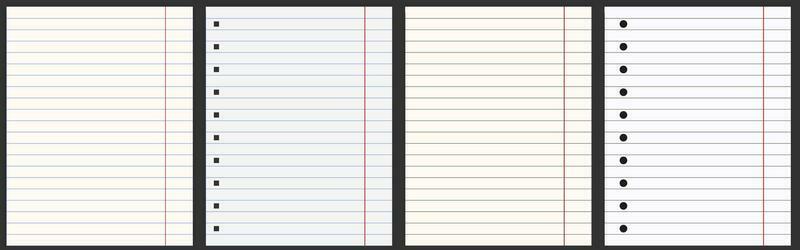 A set of sheets from a school notebook. Lined sheets, line print. Notebook fields. Different colour. Black lines ink, blue lines ink. Stationery, notebook, paper. School, university, office