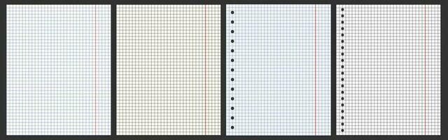 A set of sheets from a school notebook. Sheets in a cage, checkered print. Notebook fields. Different colour. Black cage, blue cage. Stationery, notebook, paper. School, university, office vector
