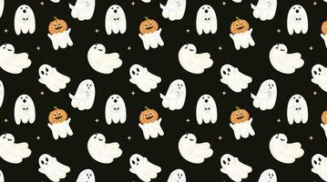 pattern with funny ghosts on a black background. Cute flying souls, halloween characters. Ghosts in flight, scary ghosts, different emotions, pumpkins, mummy vector