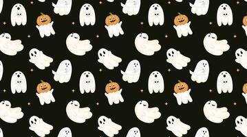 pattern with funny ghosts on a black background. Cute flying souls, halloween characters. Ghosts in flight, scary ghosts, different emotions, pumpkins, mummy vector