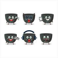 Black ceramic bowl cartoon character are playing games with various cute emoticons vector