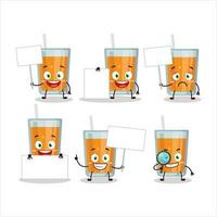 Orange juice cartoon character bring information board vector