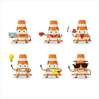 Orange traffic cone cartoon character with various types of business emoticons vector