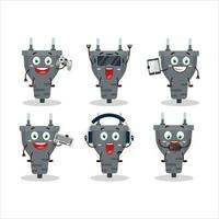 Black plug cartoon character are playing games with various cute emoticons vector