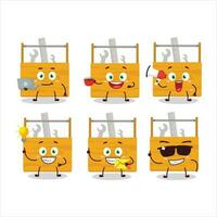 Wooden toolbox cartoon character with various types of business emoticons vector