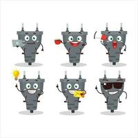 Black plug cartoon character with various types of business emoticons vector