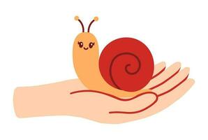 Cute pet snail on a hand vector illustration