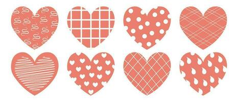 Set of red hearts with patterns, design for Valentine's day. Doodle elements for decor, vector