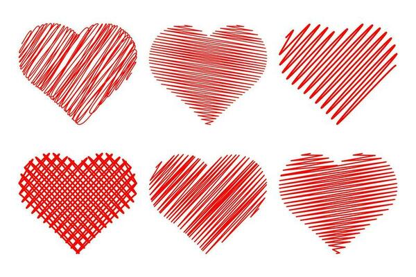 Set of hatched red hearts, pencil drawing. Doodle elements for decor, vector