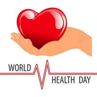 World Health Day. Red 3d heart in hand. Medical banner, poster. Vector