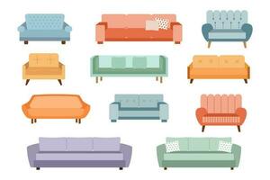 A set of sofas, ottomans. Collection of upholstered furniture for the home. Icons, illustrations, vector