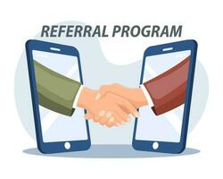 Refer a Friend or Referral Marketing concept. Business people shake hands in a smartphone. Social media marketing for friends. Banner template. Vector. vector