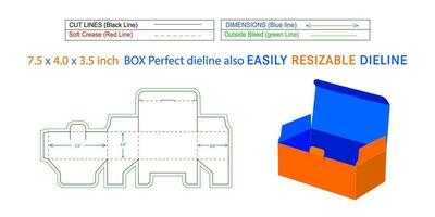 máscara caja dieline y 3d caja vector archivo 7.5 X 4.0 X 3,5 pulgada caja dieline además redimensionable y editable