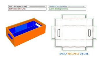 Corrugated crate box with holding notch, fruit carton box dieline and 3D vector, easily editable and resizable file vector