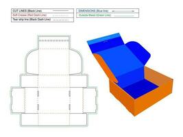 remitente papel caja con frente lado adhesivo cinta y lágrima raya dieline modelo con 3d caja vector