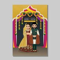 Wedding invitation card the bride and groom cute couple in traditional indian dress cartoon character. Vector illustration