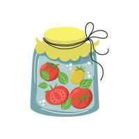 Homemade jars of preserving the vegetables. Autumn harvest season. Vector illustration