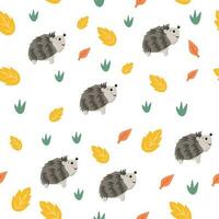 Pattern with cute hedgehog with autumn leaves. Perfect for printing, textiles, wrapping paper. Vector illustration