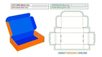 Resizable mailer shipping box, roll end front tuck box dieline and 3D render vector