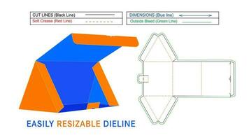 Triangle box packaging dieline template and 3D render, resizable and editable vector file