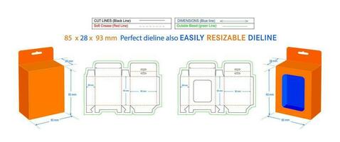 Snap bottom lock Hanging window box, 85 x 28 x 93 mm box dieline packaging design and 3D box vector art