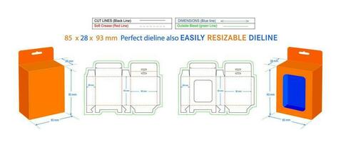 Snap bottom lock Hanging window box, 85 x 28 x 93 mm box dieline packaging design and 3D box vector art