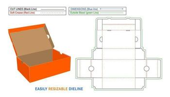 Zapatos cartulina caja sin pegamento zapato caja, fácilmente y perfectamente plegable caja dieline modelo y 3d caja vector