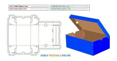 Shoes cardboard box luxury shoe box without any glue, easily and perfectly foldable box dieline template and 3D box vector