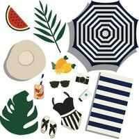 hand drawn illustration set of cute summer elements. Citrus fruits, drinks, umbrella, swimwear and shade and accesseries. For summertime poster, card, scrapbooking , tag, invitation vector