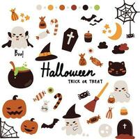 hand drawn vector illustration set of halloween holiday festive sticker pack. Cute halloween elements doodle in flat style design