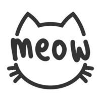 Meow lettering inside cat head pictogram, with ears and whiskers. Cute design for feline lovers and cat moms. vector