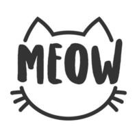 Meow lettering inside cat head pictogram, with ears and whiskers. Cute design for feline lovers and cat moms. vector