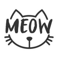 Meow lettering inside cat head pictogram, with ears and whiskers. Cute design for feline lovers and cat moms. vector