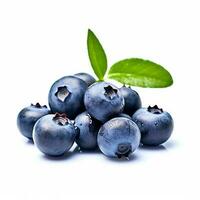 Fresh blueberries with bluberry leaves isolated on white background. Top vew. photo