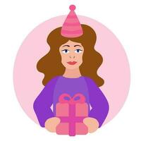 Birthday woman with party hat. Girl holding gift box. Vector flat illustration