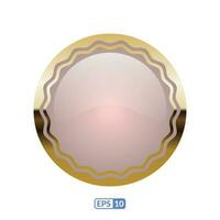 A round pink glass button with gold trim. vector