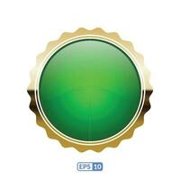 Sunburst gold frame green circle button, sticker. vector