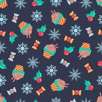 Cute cartoon holidays winter seamless vector pattern illustration with with snowflakes, candies, muffins and mistletoe. Dark blue background.