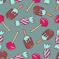 Seamless pattern with sweets on a dark gray background. Hand drawn style. vector